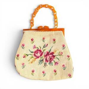 Vintage Marder Floral Needlepoint Kisslock Bag with Amber Lucite Frame and Chain